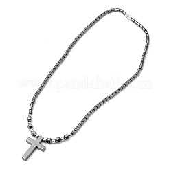 Synthetic Non-magnetic Hematite Cross Pendant Necklace with Beaded Chains&nbsp;NJEW-E095-03