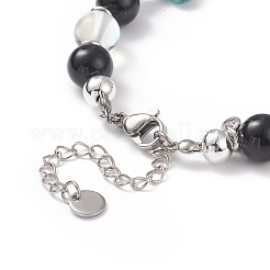 Natural & Synthetic Mixed Stone Beaded Bracelet with Cross Charm&nbsp;BJEW-TA00184-03