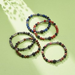 Natural Lava Rock & Mixed Gemstone Stretch Bracelet with Alloy Column Beaded&nbsp;BJEW-JB08731