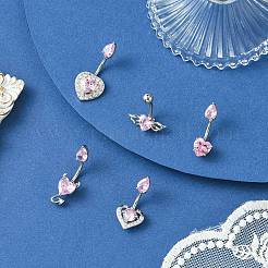 5Pcs 5 Styles Heart Teardrop 304 Stainless Steel Pearl Pink Cubic Zirconia Curved Barbell Belly Rings&nbsp;AJEW-CJ0001-58