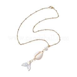 Natural Cowrie Shell & Resin & Shell Pearl Mermaid Tail Pendant Necklaces&nbsp;NJEW-JN05233