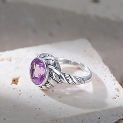Adjustable Natural Amethyst with 925 Sterling Silver Cuff Open Rings&nbsp;RJEW-C155-05B