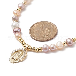 Brass Virgin Mary Pendant Necklace with Natural Pearl Beaded Chains for Women&nbsp;NJEW-JN04144-02