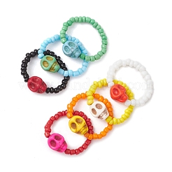 7Pcs Glass Seed & Dyed Synthetic Turquoise Finger Rings for Women&nbsp;RJEW-TA00209