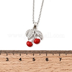 Brass Micro Pave Clear Cubic Zirconia Enamel Red Cherry Pendant 304 Stainless Steel Cable Chain Necklaces for Women&nbsp;NJEW-H092-04P
