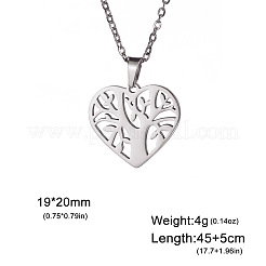 304 Stainless Steel Tree of Life Hollow Heart Pendant Necklaces for Women&nbsp;WG801E2-01