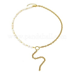 304 Stainless Steel Cable Chain Tassel Natural Pearl Rice Beaded Lariat Necklaces&nbsp;NJEW-JN06218