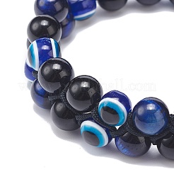 Natural Blue Tiger Eye(Dyed & Heated) & Eyeless Obsidian & Resin Evil Eye Braided Bead Bracelet&nbsp;BJEW-JB08840-04