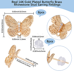8Pcs Butterfly Brass Rhinestone Stud Earring Findings for Women&nbsp;EJEW-BBC0001-91
