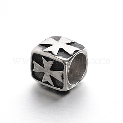 Retro Smooth 304 Stainless Steel Large Hole Cube Beads with Cross&nbsp;STAS-I031-28