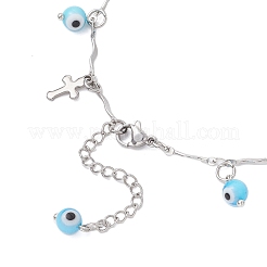 Handmade Evil Eye Lampwork & 304 Stainless Steel Cross Tassel Bar Link Chain Anklets for Women&nbsp;AJEW-AN00741-03