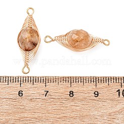 Heated Natural Yellow Quartz Faceted Flat Round Links Connector Charms with Copper Herringbone Wire-Wrapped&nbsp;KK-Z152-09G-03