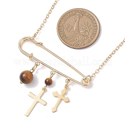 201 Stainless Steel Satety Pin with Round Natural Tiger Eye Pendant Brass Cable Chain Necklaces for Women&nbsp;NJEW-TA00214