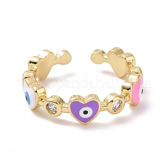 Colorful Enamel Heart Evil Eye & Cubic Zirconia Open Cuff Ring&nbsp;RJEW-P032-10G