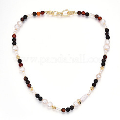 Natural Pearl & Agate & Crystal Round Beaded Necklaces&nbsp;NJEW-N056-01G