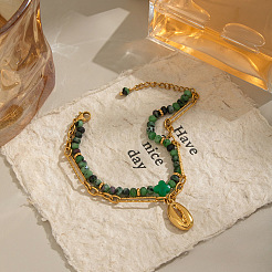 Natural Green Aventurine Beaded & 304 Stainless Steel Figaro Chains Double Layer Bracelets&nbsp;CN7232