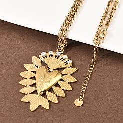 304 Stainless Steel Crystal Rhinestone Heart Pendant Wheat Chain Necklaces&nbsp;NJEW-P344-01G