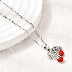 Brass Micro Pave Clear Cubic Zirconia Enamel Red Cherry Pendant 304 Stainless Steel Cable Chain Necklaces for Women&nbsp;NJEW-H092-04P