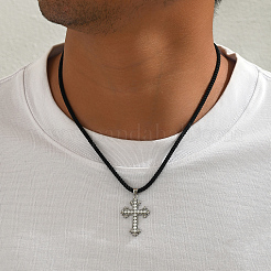 Brass & Imitation Pearl Cross Pendant Black Cord Necklaces for Men&nbsp;LI2000-2