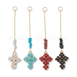 Cross Glass & Synthetic White Howlite & Green Turquoise & Natural Carnelian & Red Jasper & Black Onyx Chips Beads Pendant Decorations&nbsp;HJEW-MZ00402