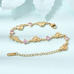 304 Stainless Steel Pave Pink Cubic Zirconia Heart Link Chain Bracelets&nbsp;SA-CBAF6AD-11G