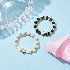 Glass Stretch Rings with Golden Plated Heart Brass Beads&nbsp;RJEW-JR00660-01