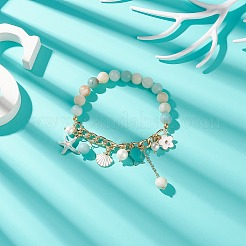 Natural Flower Amazonite & Shell Pearl Beaded Stretch Bracelet&nbsp;BJEW-TA00196