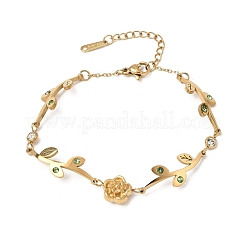 304 Stainless Steel Crystal and Peridot Rhinestone Flower Leaf Link Chain Bracelets&nbsp;SA-CBA7A0F-09G