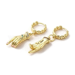Palm with Horse Eye Golden Brass Dangle Hoop Earrings&nbsp;EJEW-Q797-21G-04