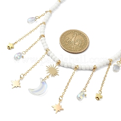 Brass  Moon & Star Charms Bib Necklace with Glass Beaded Chains&nbsp;NJEW-TA00101