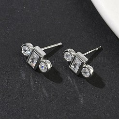 Rectangle with Flat Round Brass Micro Pave Clear Cubic Zirconia Stud Earrings&nbsp;EJEW-G452-12P