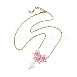 Electroplate Glass Beaded Flower Teardrop Pendant 304 Stainless Steel Cable Chain Necklaces&nbsp;NJEW-MZ00156-01