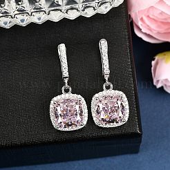 925 Sterling Silver Pave Cubic Zirconia Square Hoop Earrings&nbsp;EJEW-C150-01A-02