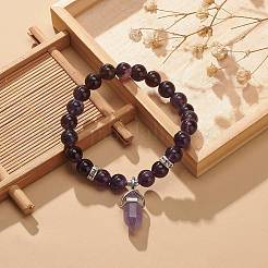 Natural Amethyst Round Beaded Stretch Bracelet with Bullet Charms&nbsp;BJEW-JB09018-04