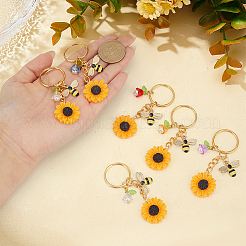 12Pcs 6 Colors Sunflower Resin & Transparent Acrylic & Alloy Enamel Bee Keychains&nbsp;KEYC-MA00008