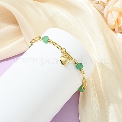 Brass Heart Charm Natural Mixed Stone Faceted Cube Beaded Chain Bracelets&nbsp;BJEW-JB14257