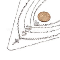 5Pcs 5 Style Heart & Bowknot & Cross Clear Cubic Zirconia Pendant Necklaces Set&nbsp;NJEW-JN04145