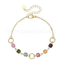 Natural Multicolor Tourmaline Faceted Cube Beaded Brass Chain Bracelets for Women&nbsp;BJEW-JB14334-01