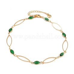 Brass Glass Faceted Green Horse Eye Link Chain Anklets for Women&nbsp;KK-H299-01G