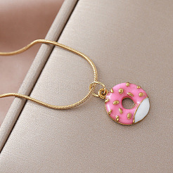 Vintage Style Stainless Steel Enamel Pink Dessert Donut Pendant Necklaces for Women&nbsp;KI9226