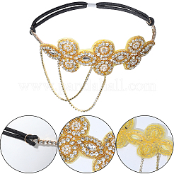 Flower Polyester Rhinestone and Alloy Plastic Pearl Tassel Chain Hair Accessories&nbsp;OHAR-WH20020-02G