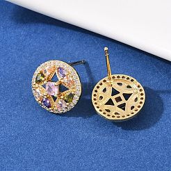 Brass Micro Pave Cubic Zirconia Flat Round Stud Earrings&nbsp;EJEW-F400-18G