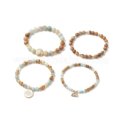Natural Flower Amazonite & Picture Jasper Beaded Stretch Bracelets Sets with Non-Magnetic Synthetic Hematite&nbsp;BJEW-JB09280