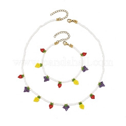 Glass Seed Beads Fruit Strawberry Lemon Grape Charm Necklaces & Bracelets Sets&nbsp;SJEW-MZ00015