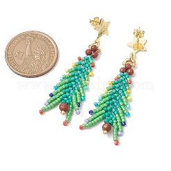 Christmas Tree Natural Red Jasper & Glass Seed Beads Dangle Stud Earrings for Women&nbsp;EJEW-MZ00157