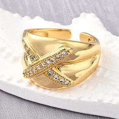 Brass Micro Pave Cubic Zirconia Adjustable Open Cuff Rings for Women&nbsp;RJEW-K292-11G