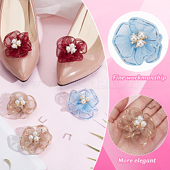 6Pcs 3 Colors Flower Alloy & Rhinestones & Gauze Shoe Buckle Clips&nbsp;HJEW-HY00030