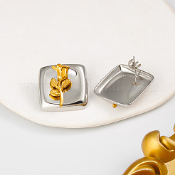 304 Stainless Steel Square with Flower Pattern Stud Earrings for Women&nbsp;WG5AFC5-01