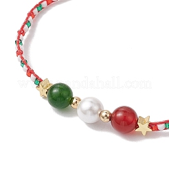 Christmas 6mm Round Dyed Natural TaiWan Jade & Natural Carnelian & Glass Seed Beads Braided Bead Bracelets&nbsp;BJEW-MZ00070-03