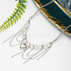 Imitation Pearl Round Beaded Alloy Heart Chain Tassel Bib Necklaces for Women&nbsp;WG3C231-01
